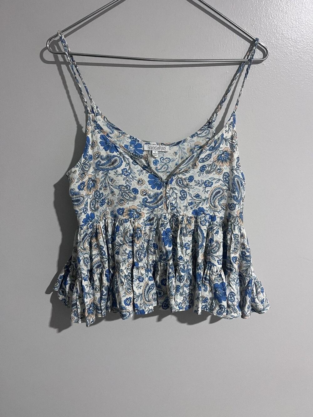 Patrons Of Peace Tank Womens S Blue Camisole Floral Ruffle Lightweight